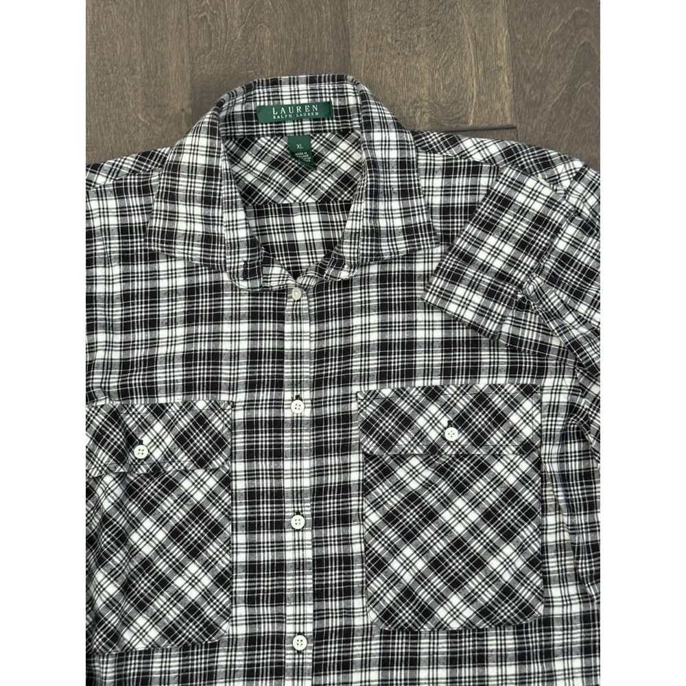 Lauren Ralph Lauren Women Black & White Flannel Button Down Pocket Shirt Size XL